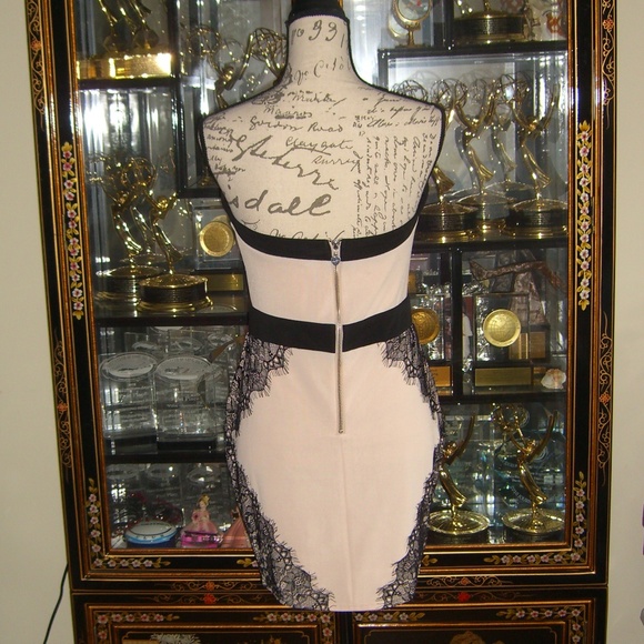 LIPSY BEIGE BLACK LACE STRAPLESS BODYCON DRESS US8 - Picture 3 of 6